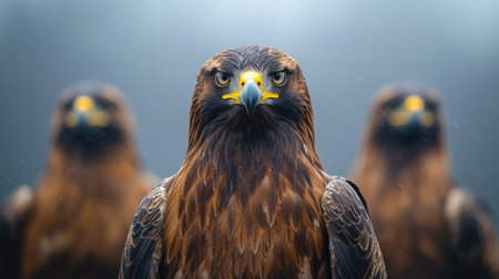 A striking image of three golden eagles, showcasing their fierce expressions and majestic presence in a misty environment.の素材