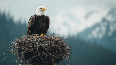 A majestic bald eagle perches on its nest, surrounded by a misty mountainous landscape, symbolizing strength and freedom.の素材