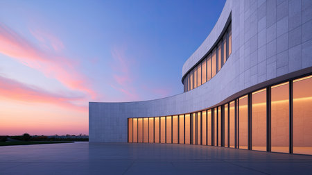 A modern architectural structure with curved lines, large glass windows, and a colorful sunset sky.の素材