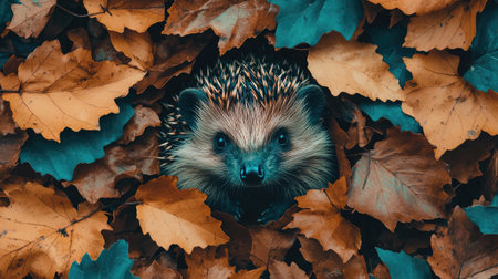 A hedgehog peeks out from a pile of autumn leaves, showcasing its distinctive spines and curious expression in a vibrant natural setting.の素材
