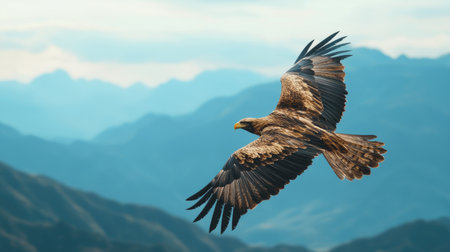 A majestic eagle soars above rugged mountains, showcasing its powerful wings against a serene sky.の素材