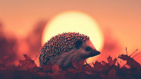 A hedgehog sits among autumn leaves, illuminated by a warm sunset, creating a serene and picturesque nature scene.の素材