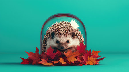 A cute hedgehog is encased in a glass dome, surrounded by colorful autumn leaves against a vibrant teal background.の素材