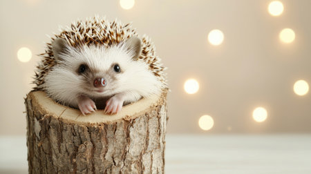 A cute hedgehog resting on a wooden stump, surrounded by soft, blurred lights, creating a cozy and whimsical atmosphere.の素材