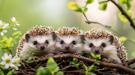 Three adorable hedgehogs nestled together among greenery and flowers, showcasing their unique spiky textures and charming expressions.の素材