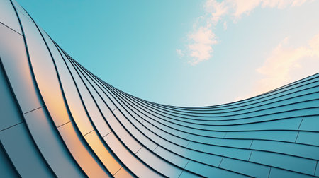 A modern architectural facade featuring sleek, wavy lines against a blue sky, capturing a sense of movement and innovation.の素材
