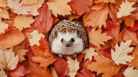 A cute hedgehog peeks out from a colorful array of autumn leaves, showcasing the beauty of fall in a cozy, natural setting.の素材