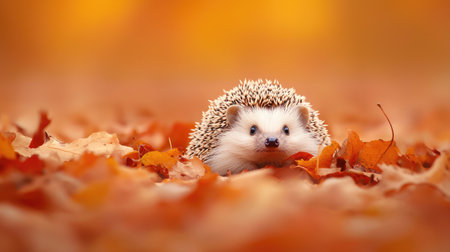 A small hedgehog nestled among colorful autumn leaves.の素材