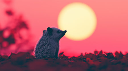 A hedgehog silhouetted against a vibrant sunset, surrounded by colorful foliage, creating a serene and whimsical atmosphere.の素材