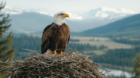 A majestic bald eagle perched on its nest, overlooking a scenic landscape with mountains and trees in the background.の素材