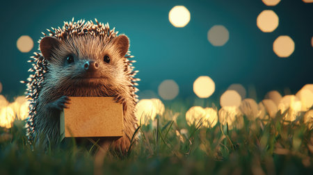 A cute hedgehog holds a small box amidst a dreamy, softly lit background, evoking a whimsical, enchanting atmosphere.の素材