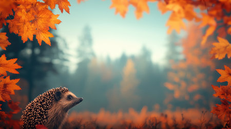 A hedgehog surrounded by vibrant autumn leaves, creating a serene, colorful forest atmosphere.の素材
