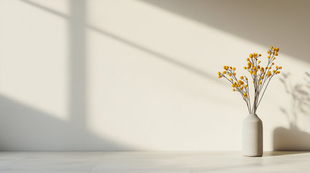 A minimalist interior featuring a vase with yellow flowers on a light surface, complemented by soft shadows from a window.の素材