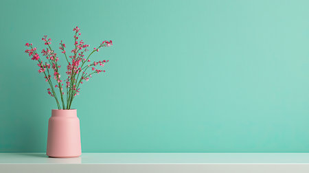 A pastel pink vase filled with delicate flowers stands against a soft mint-green wall, creating a fresh and vibrant aesthetic.の素材