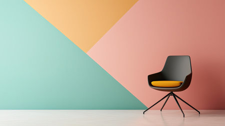 A modern chair against a geometric, multicolored wall featuring mint green, peach, and mustard yellow tones, creating a stylish interior design.の素材