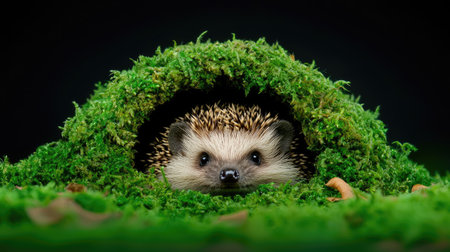 A hedgehog peeks out from a cozy moss-covered burrow, showcasing its adorable face against a dark background.の素材