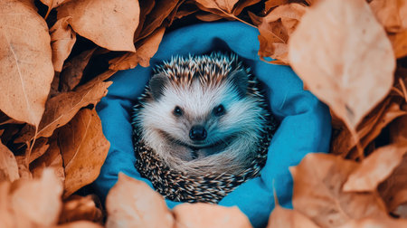 A cute hedgehog nestled in colorful autumn leaves, peeking out from a cozy blue blanket with a friendly expression.の素材