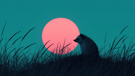 A hedgehog silhouettes against a vibrant pink sunset, surrounded by tall grass, creating a serene and colorful dusk scene.の素材