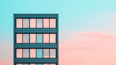 A modern building stands against a pastel sky, showcasing sleek architecture with large windows and a vibrant color palette.の素材