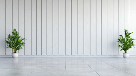 A minimalistic interior scene featuring two potted plants against a light-colored paneled wall with a spacious floor.の素材