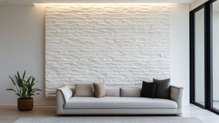A modern living room featuring a stylish sofa, textured white wall, and a potted plant, creating a minimalist and inviting atmosphere.の素材