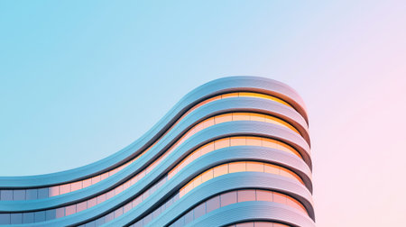 A modern architectural building featuring smooth, wavy lines and a pastel sky backdrop, showcasing contemporary design aesthetics.の素材
