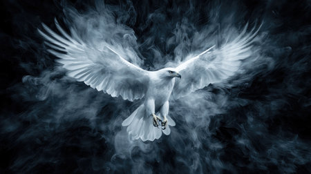 A majestic white bird soars through a dark, smoky backdrop, showcasing its powerful wings in a dramatic and ethereal scene.の素材