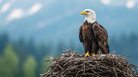 A majestic bald eagle perched on a nest, set against a backdrop of mountains and lush greenery, symbolizing strength and freedom in nature.の素材