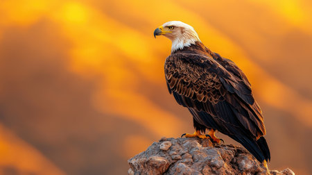 A majestic eagle perched on a rock, silhouetted against a warm, glowing sunset backdrop, showcasing its powerful presence and striking features.の素材
