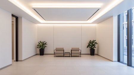 A modern, minimalist lobby featuring two chairs, decorative plants, and bright lighting, creating a clean and inviting atmosphere.の素材