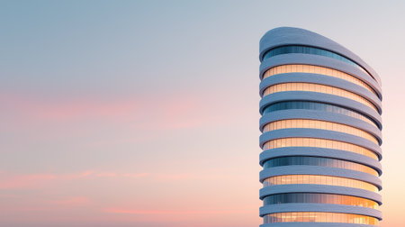 A sleek, modern building with curved lines and illuminated windows against a pastel sunset sky.の素材