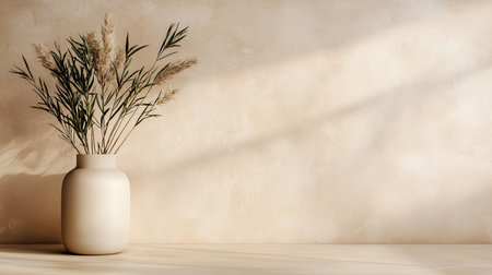 A minimalist arrangement featuring a vase with dried plants against a soft, neutral background and gentle light.の素材