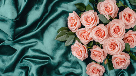 A bouquet of soft pink roses arranged elegantly on a rich, green satin fabric, creating a beautiful contrast.の素材