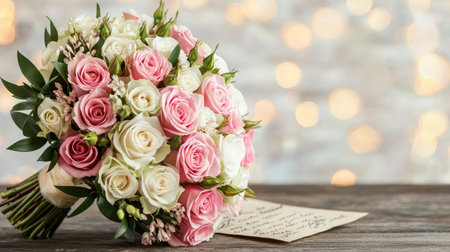 A beautiful bouquet of pink and white roses rests on a wooden surface, accompanied by a handwritten note against a softly blurred background.の素材