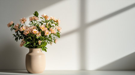 A pastel vase filled with delicate pink flowers casts soft shadows against a minimalist wall.の素材