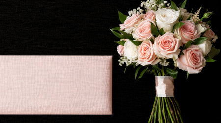 A beautiful bouquet of pink roses is displayed alongside a textured, neutral-colored fabric.の素材