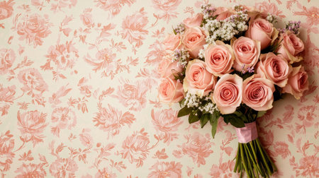 A beautiful bouquet of pink roses with delicate white flowers, set against a vintage floral wallpaper background.の素材