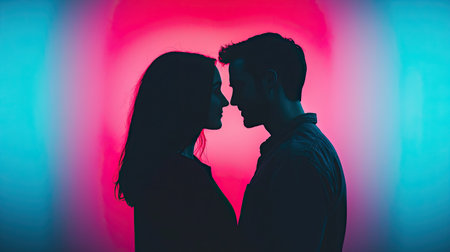 A romantic silhouette of a couple sharing an intimate moment, surrounded by vibrant pink and blue lighting that creates a dreamy atmosphere.の素材