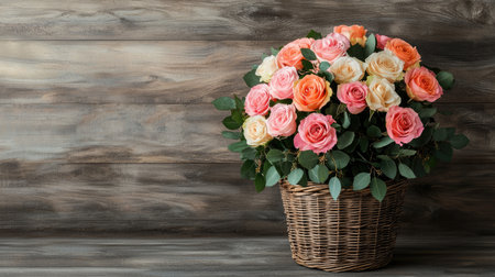 A beautifully arranged bouquet of pastel roses in a wicker basket against a rustic wooden backdrop, evoking warmth and elegance.の素材