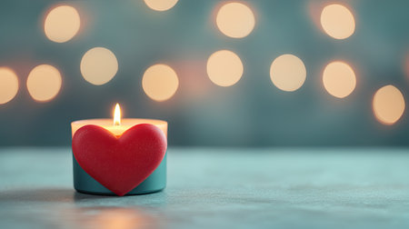 A heart-shaped candle illuminates a serene background, creating a warm and romantic atmosphere with soft bokeh lights.の素材