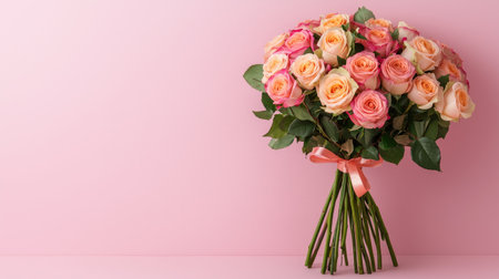 A vibrant bouquet of pink and peach roses tied with a ribbon, set against a soft pink background, exuding elegance and charm.の素材