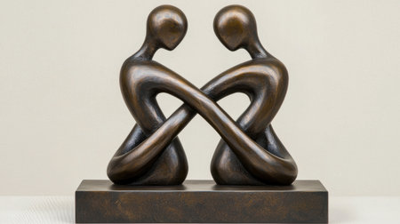 A bronze sculpture depicting two abstract figures intertwined in a gesture of connection and unity.の素材
