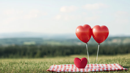 A romantic scene featuring red heart-shaped balloons on a picnic blanket, set against a serene outdoor landscape.の素材