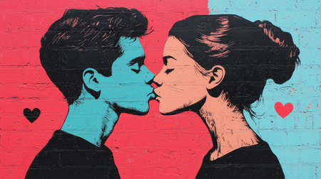 A colorful mural depicting a couple kissing, surrounded by heart symbols, symbolizing love and connection in a vibrant artistic style.の素材
