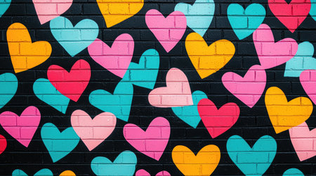 A vibrant mural featuring colorful hearts on a black background, creating a lively and playful atmosphere.の素材