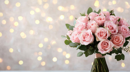 A beautiful bouquet of soft pink roses against a blurred, sparkling background, perfect for celebrations and romantic occasions.の素材