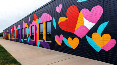A vibrant mural featuring colorful hearts adorns the side of a building, creating an eye-catching and cheerful urban landscape.の素材