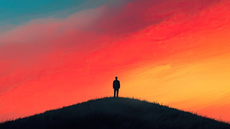 A lone figure stands atop a hill, silhouetted against a vibrant sunset sky filled with orange and blue hues.の素材