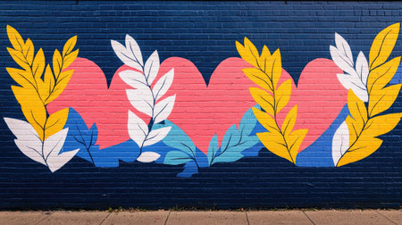 A vibrant mural featuring colorful hearts and leafy designs against a dark blue background, blending artistic expression with natural elements.の素材