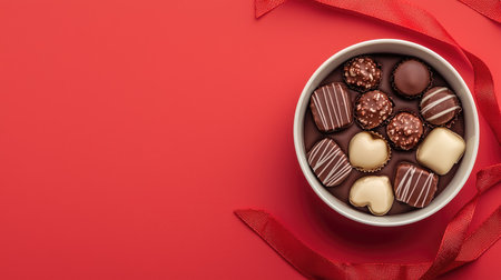 A round bowl filled with assorted chocolates sits on a vibrant red background, accented by a decorative ribbon.の素材